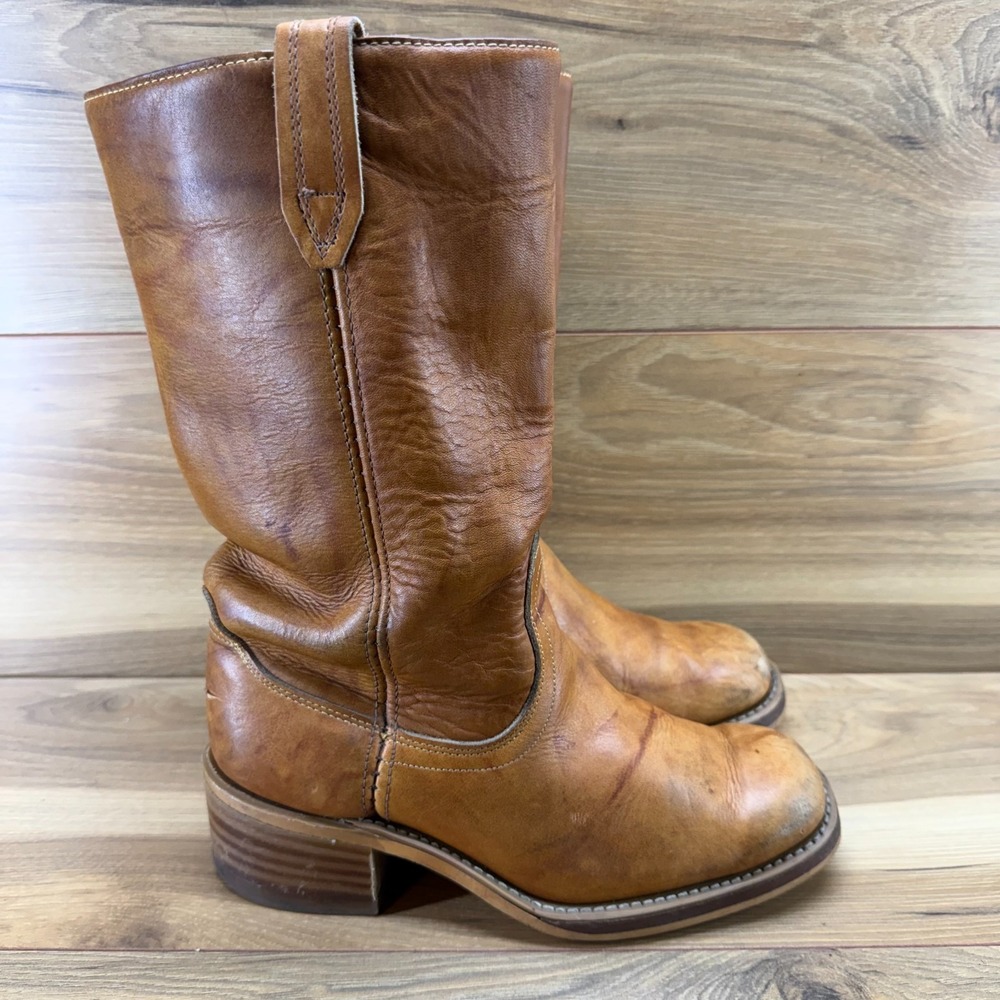 ACME Vintage Campus Boots Mens 7 E Cognac Stacked Heel Cowboy Boho Rodeo Western